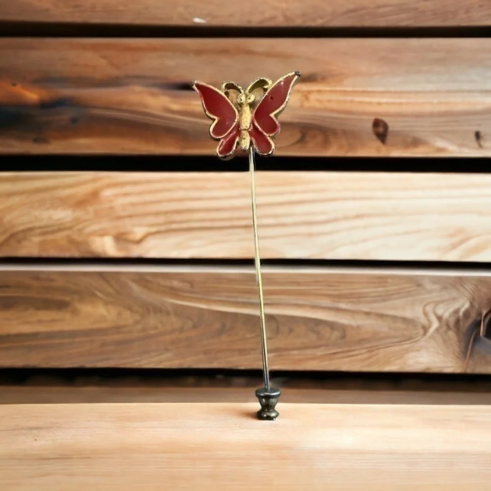 Vintage Enamel Butterfly Tie Pin - Red - Gold Tone